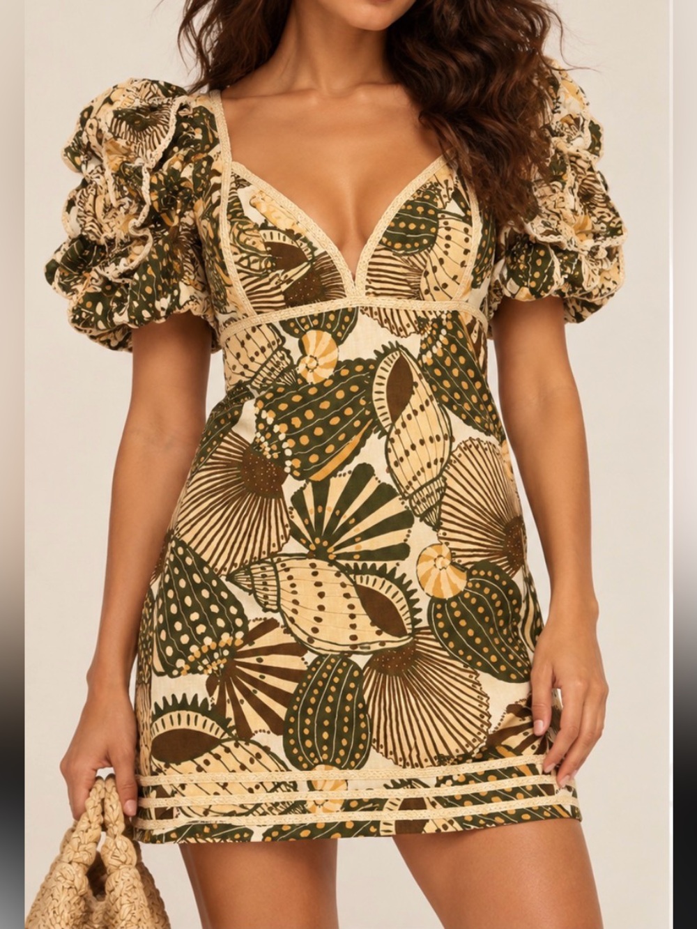 FARM Rio Olive & Cream Botanical Puff-Sleeve Mini Skirt